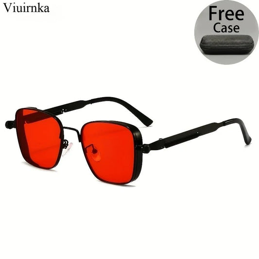 Mandotos International trendy reflective punk sunglasses with unisex style, high-quality design, case, ideal for outdoor travel and beach.