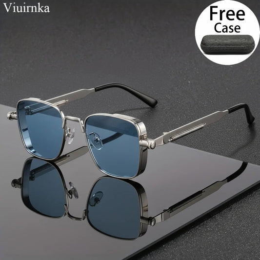 Mandotos International trendy reflective punk sunglasses with high-quality unisex design and protective case, ideal for outdoor travel and beach.