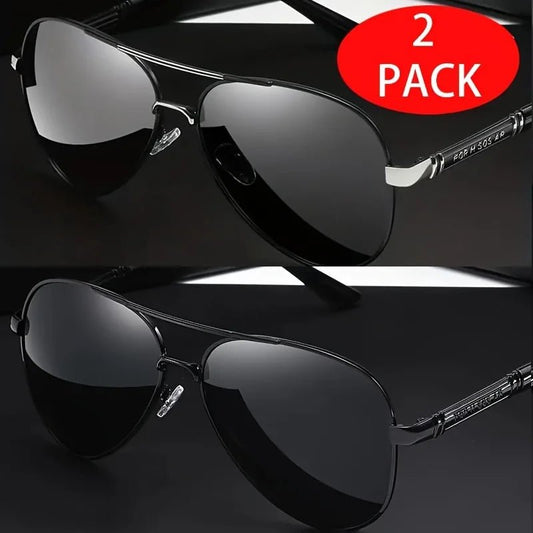 Two pairs of red MANDOTOS INTERNATIONAL sunglasses with stylish metal frames and TAC lenses for sharpness and elegance.