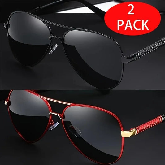 Two pairs of red sunglasses with stylish metal frames and TAC lenses, offering sharpness and elegant design by Mandotos International.