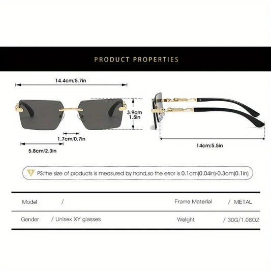 Unisex luxury frameless black and gold sunglasses with leopard print, rectangular lenses, UV400 protection, elegant design by MANDOTOS INTERNATIONAL.