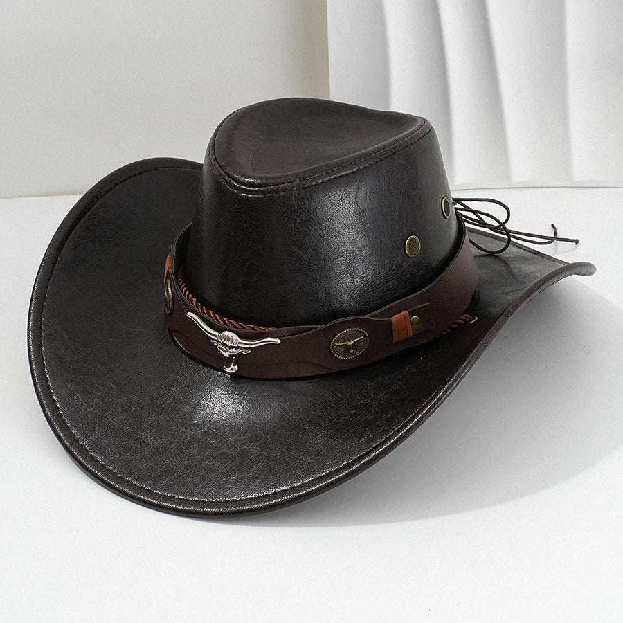 Unisex Vintage Faux Leather Western Cowboy Hat Outdoor Gentleman Cowgirl Jazz Cap Sombrero Hombre - MANDOTOS INTERNATIONAL