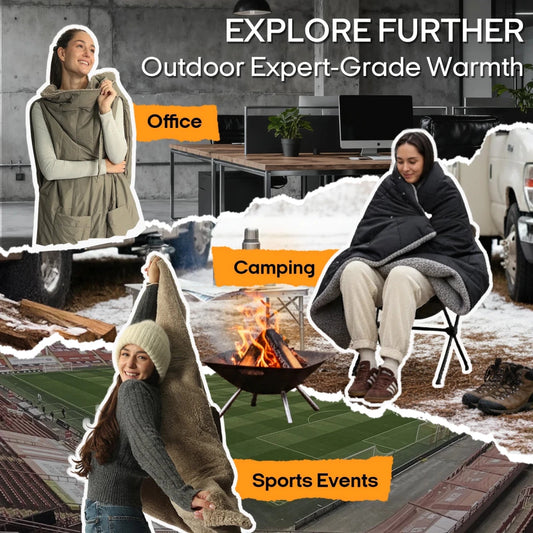 Mandotos International waterproof nylon electric heating blanket with Sherpa lining, fast 2-minute heating, outdoor travel use.