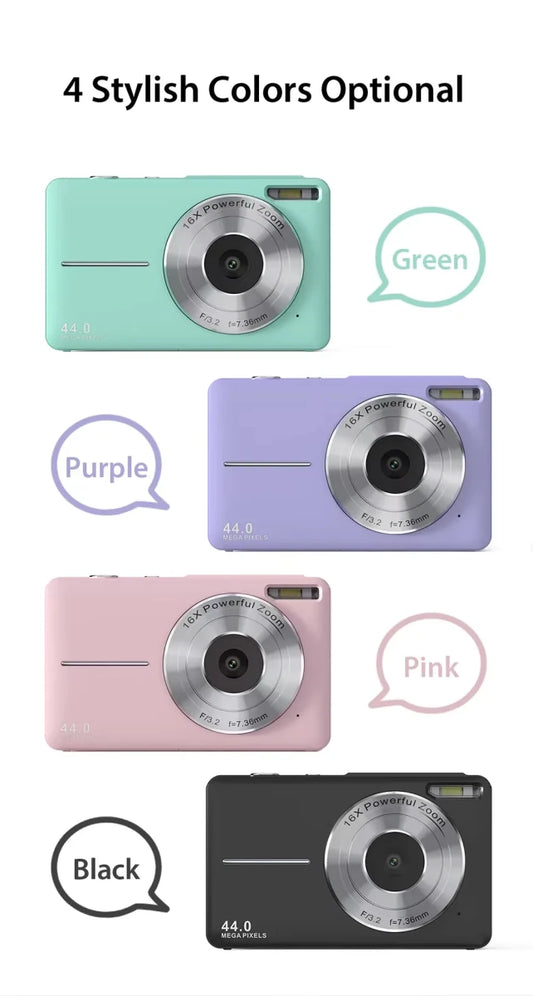 Vintage 4K compact camera by Mandotos International with 44MP photo display and retro design for high-quality photography.
