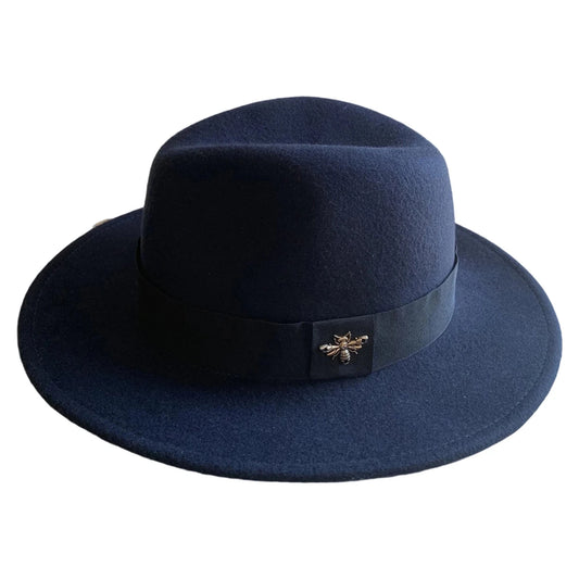 Vintage wool fedora hat with feather band by MANDOTOS INTERNATIONAL, ideal for formal events and weddings.