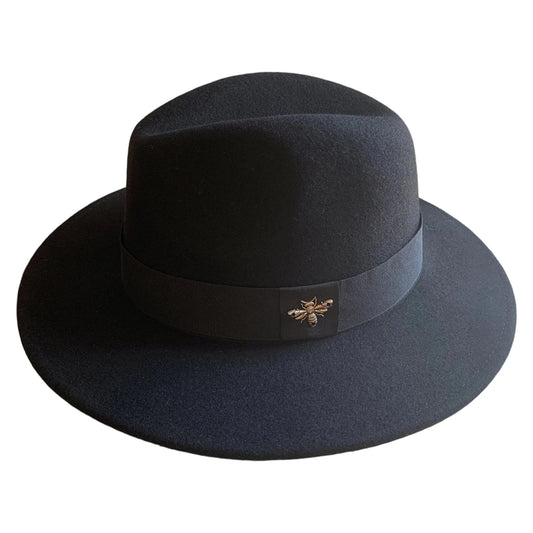 Vintage wool fedora with feather band by MANDOTOS INTERNATIONAL, ideal for formal events and weddings.