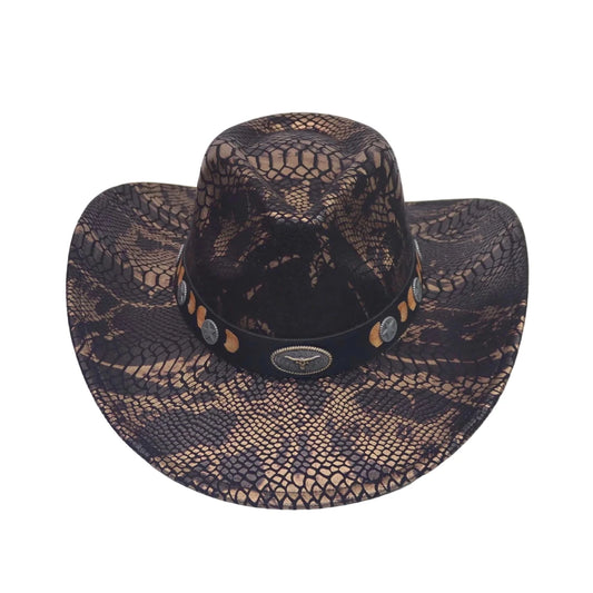 Vintage floral embroidered wide brim straw cowboy hat for women by MANDOTOS INTERNATIONAL, featuring colorful floral details and sun protection.