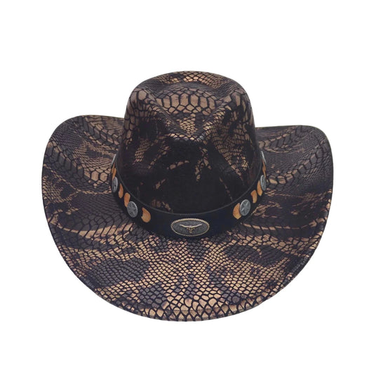 Vintage floral embroidered wide brim straw cowboy hat for women by MANDOTOS INTERNATIONAL, featuring intricate floral details and a classic wide brim.