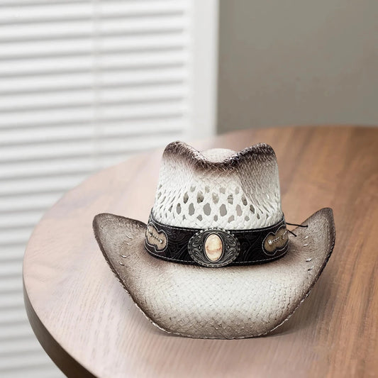 Vintage-inspired Western straw cowboy hat with concho band, unisex rodeo cowgirl style by MANDOTOS INTERNATIONAL