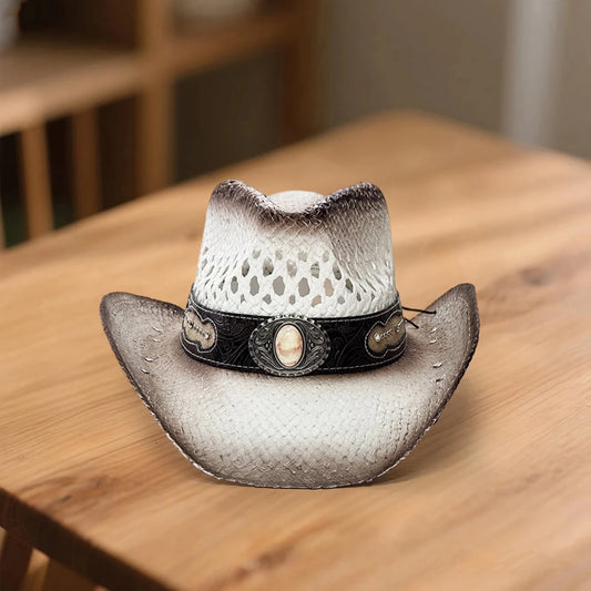 Vintage-inspired Western straw cowboy hat with concho band, unisex rodeo cowgirl style by MANDOTOS INTERNATIONAL.