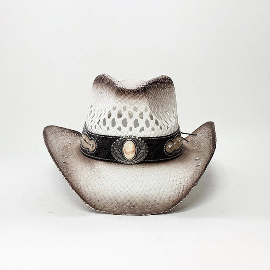Vintage-inspired Western straw cowboy hat with concho band, unisex rodeo cowgirl style by MANDOTOS INTERNATIONAL.