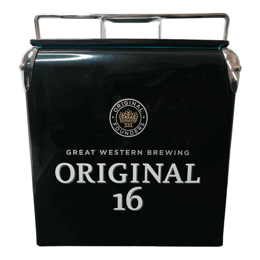 Vintage iron cooler box by MANDOTOS INTERNATIONAL, 13L outdoor camping BBQ picnic ice chest with retro design and sturdy construction.