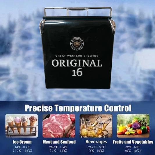 Vintage iron cooler box by Mandotos International, 13L outdoor camping and picnic ice chest with rustic design.