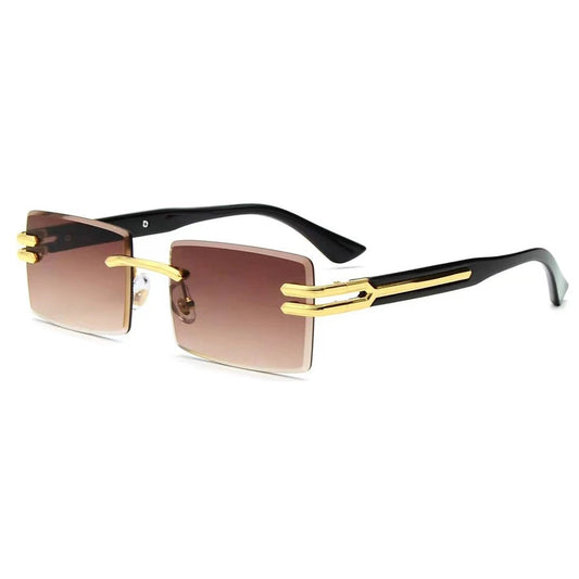 Vintage rimless sunglasses with stylish PC frames by Mandotos International, showcasing sleek, modern eyewear design.