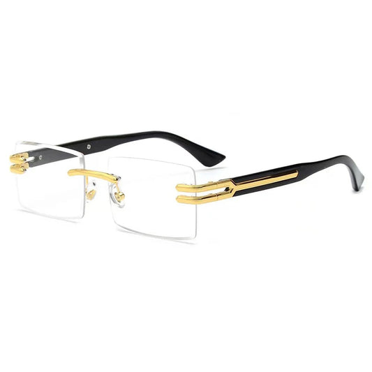 Vintage rimless sunglasses with stylish PC frames by MANDOTOS INTERNATIONAL, featuring sleek, modern design and clear lenses.