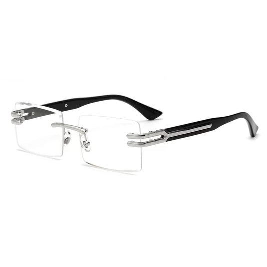 Vintage rimless sunglasses with stylish PC frames by MANDOTOS INTERNATIONAL, featuring sleek design and clear lenses.