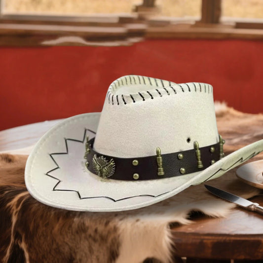 Vintage cowboy hat with wide brim and gun holster, inspired by Wild West style, by MANDOTOS INTERNATIONAL.