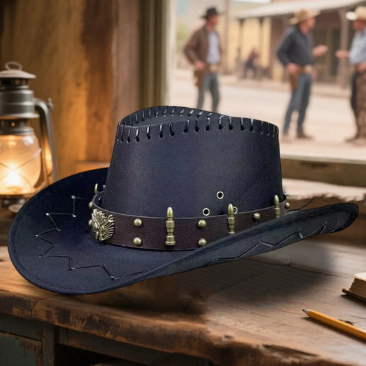 Vintage Rodeo cowboy hat with wide brim and gun holster, styled by MANDOTOS INTERNATIONAL in wild west fashion.