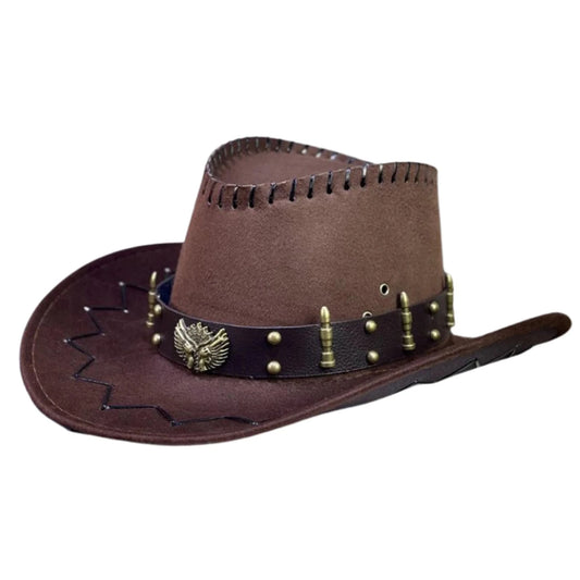 Vintage Rodeo cowboy hat by MANDOTOS INTERNATIONAL with wide brim and gun holster, classic Wild West style accessory.