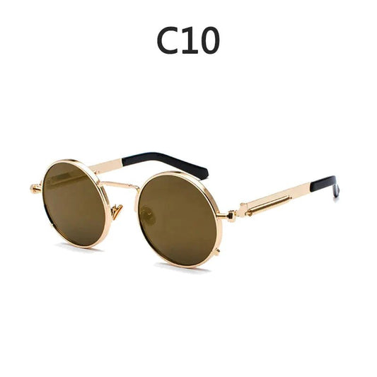 Vintage steampunk circular sunglasses by MANDOTOS INTERNATIONAL, featuring antique-style metal frames and round tinted lenses.