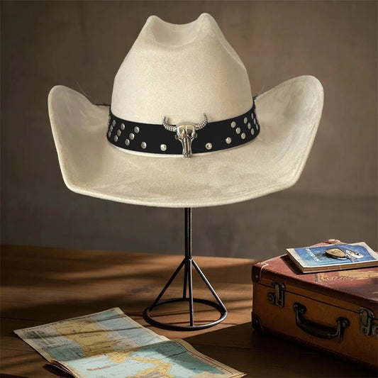 Vintage unisex cowboy hat by MANDOTOS INTERNATIONAL with bull head bead and wide brim fedora style.