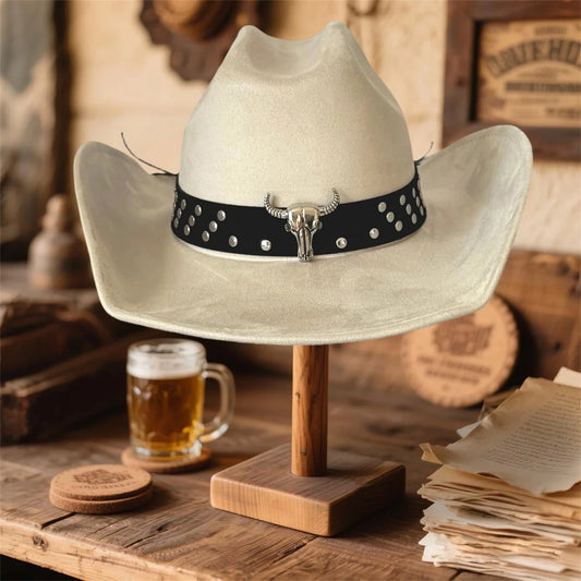 Vintage unisex cowboy hat with wide brim, bull head bead details, crafted by MANDOTOS INTERNATIONAL
