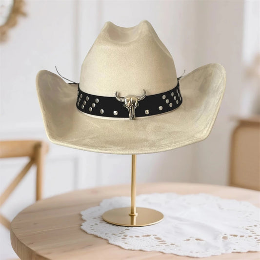 Vintage unisex cowboy hat with wide brim, bull head bead detail, by MANDOTOS INTERNATIONAL, stylish and rugged fashion accessory.