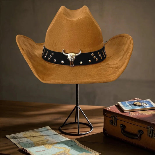 Vintage unisex cowboy hat with bull head bead and wide brim, stylish fedora by MANDOTOS INTERNATIONAL