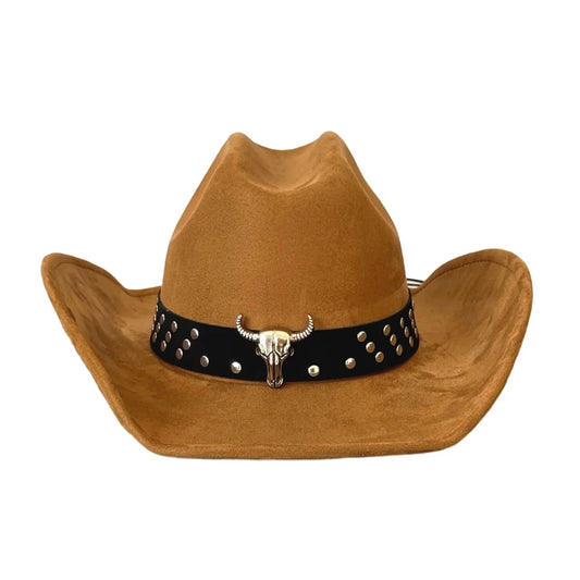 Vintage unisex cowboy hat with bull head bead and wide brim, made by MANDOTOS INTERNATIONAL, featuring a classic western style.