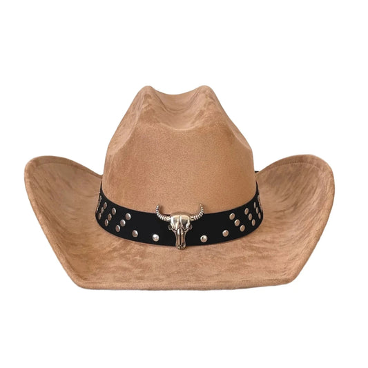 Vintage unisex cowboy hat with bull head bead and wide brim fedora by MANDOTOS INTERNATIONAL, featuring a classic western style.