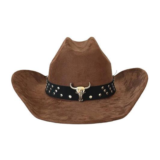 Vintage unisex cowboy hat by MANDOTOS INTERNATIONAL with bull head bead and wide brim, stylish fedora design.