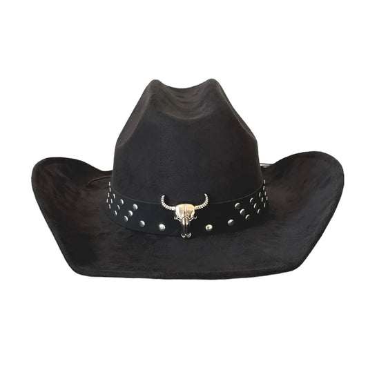 Vintage unisex cowboy hat by MANDOTOS INTERNATIONAL with bull head bead, wide brim, and fedora style.