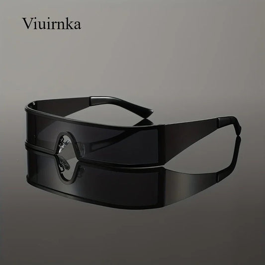 Mandotos International VIUIRNKA men's cyberpunk metal wraparound sunglasses with wide temples, futuristic design and protective case.