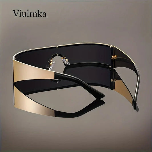 Mandotos International VIUIRNKA men's cyberpunk metal wraparound sunglasses with wide temples and futuristic design, includes case.