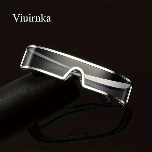 Mandotos International VIUIRNKA men's cyberpunk metal wraparound sunglasses with wide temples and futuristic design, shown with case.
