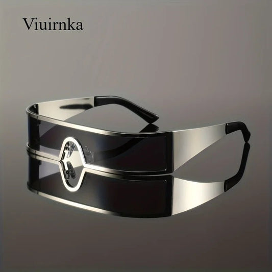 Mandotos International VIUIRNKA men's cyberpunk metal wraparound sunglasses with wide temples and futuristic design, with case.