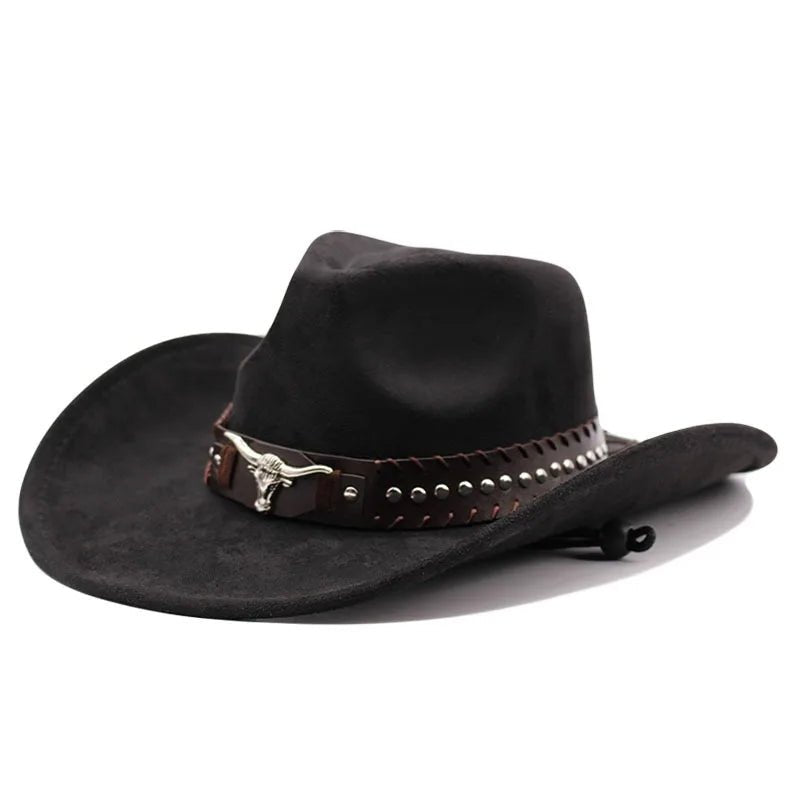 Western cowboy hat with bullhead rivets, curved brim, windproof rope, and felt for outdoor riding and jazz hats - MANDOTOS INTERNATIONAL