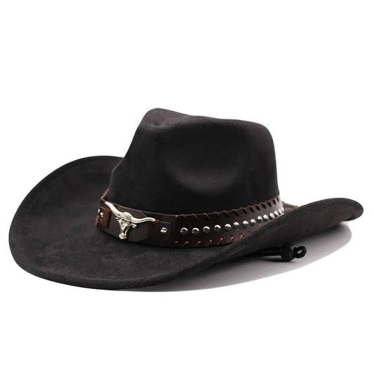 Western cowboy hat with bullhead rivets, curved brim, windproof rope, and felt for outdoor riding and jazz hats - MANDOTOS INTERNATIONAL
