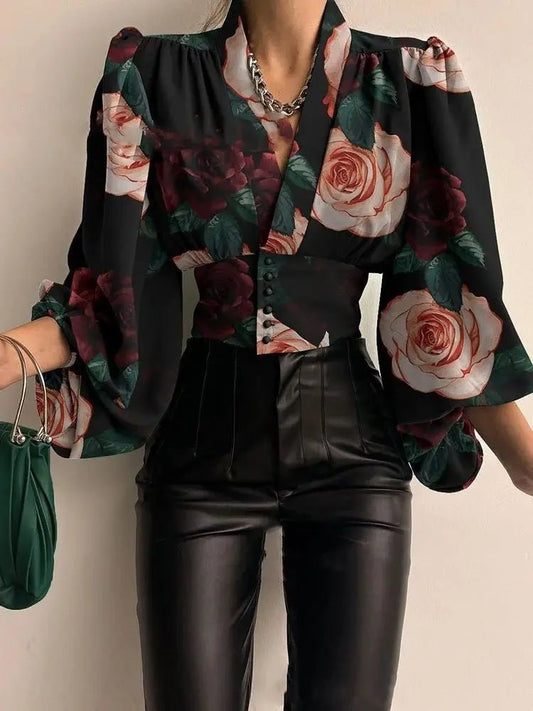 Women’s blouse from MANDOTOS INTERNATIONAL featuring a sexy irregular V-neck, lantern sleeves, solid color, and casual loose fit.