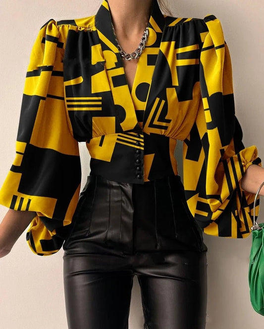 Women's blouse with V-neck, lantern sleeves, solid color, loose fit, casual streetwear style, by MANDOTOS INTERNATIONAL.