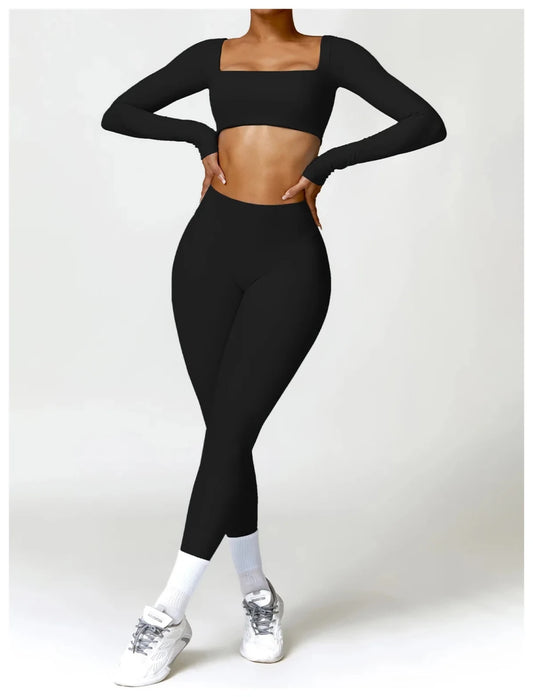 Women's long sleeve fitness T-shirt by MANDOTOS International, gym push-up top, made for active wear and workout comfort.
