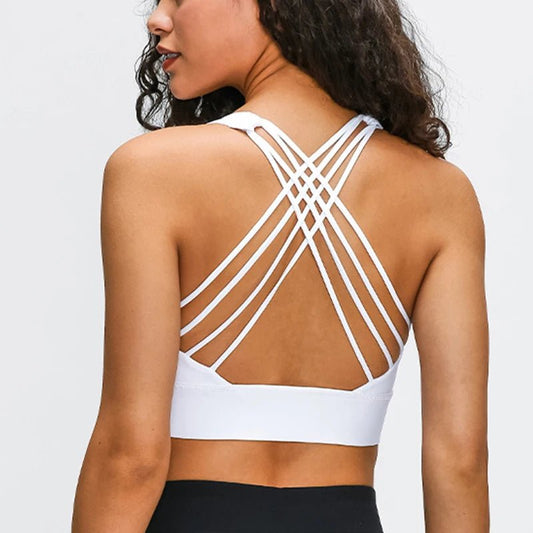Women's shockproof yoga crop top by MANDOTOS INTERNATIONAL, anti-sweat gym sports bra with breathable fabric and supportive fit.