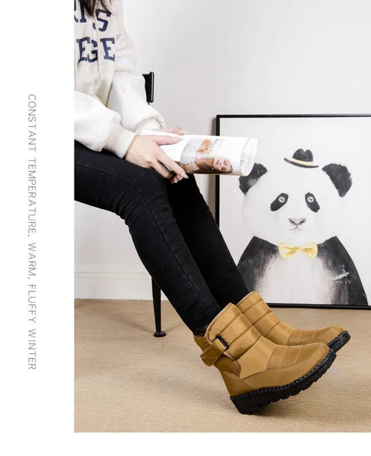 Women's waterproof winter snow boots by MANDOTOS INTERNATIONAL featuring non-slip soles and warm platform design.