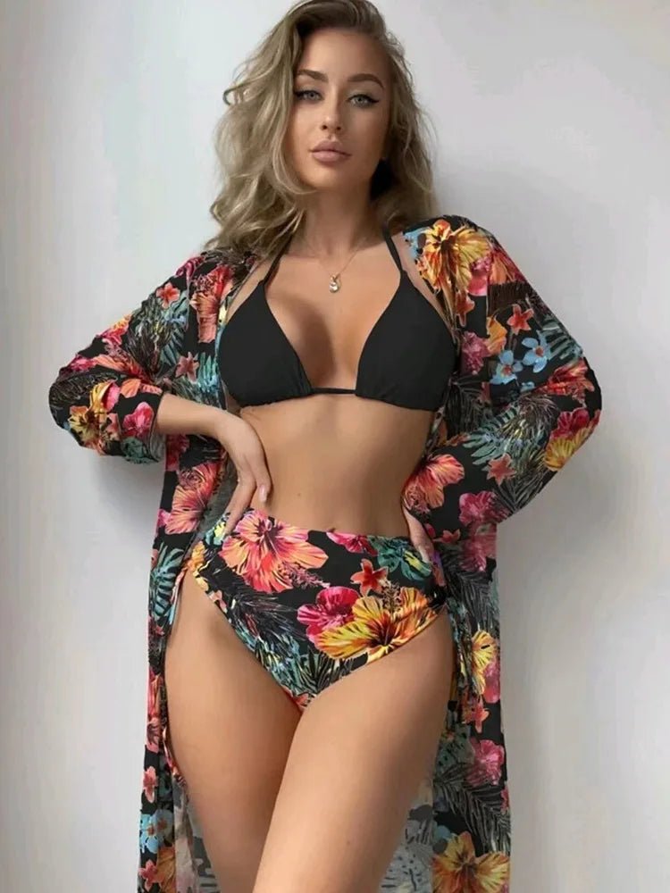 XCTM-MY2218 Hot Sale Three Piece Bikini Swimwear Ladies Fashion Cover up Beachwear Women's Sexy Floral Printed Swimwear - MANDOTOS INTERNATIONAL