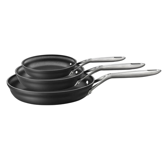 Set of three nonstick fry pans from ZWILLING Motion by MANDOTOS INTERNATIONAL, featuring comfortable handles and even heating.