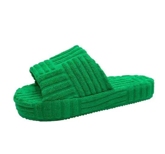 Comfortable ladies' plush slip-on slippers from MANDOTOS with soft fabric and cozy design for indoor wear.