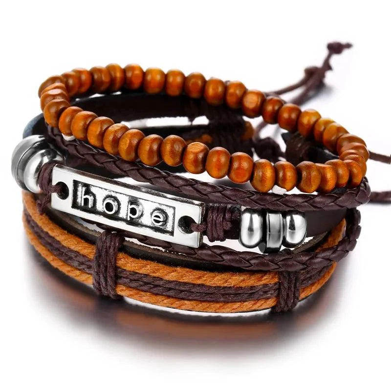 Mandotos layered leather charm bracelet with colorful beads and metal accents, stylish and adjustable accessory for everyday wear.