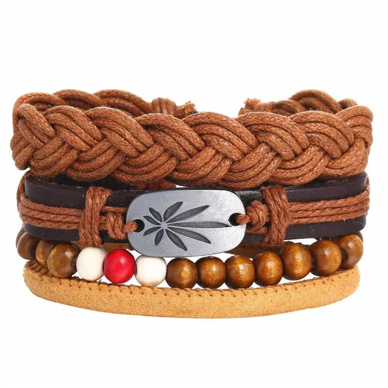Mandotos layered leather charm bracelet with metal and leather details, stylish accessory for casual or trendy outfits.