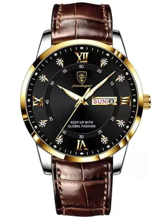 Luminous men's waterproof dual calendar watch by MANDOTOS showing time and date on a black dial with luminous hands.
