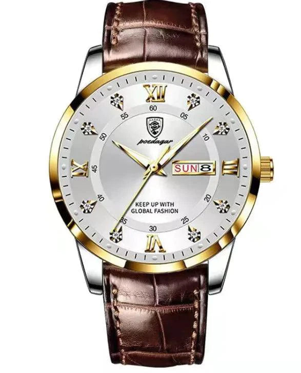 Mandotos luminous men's waterproof dual calendar watch showing time and date on a sleek black dial with luminous hands.